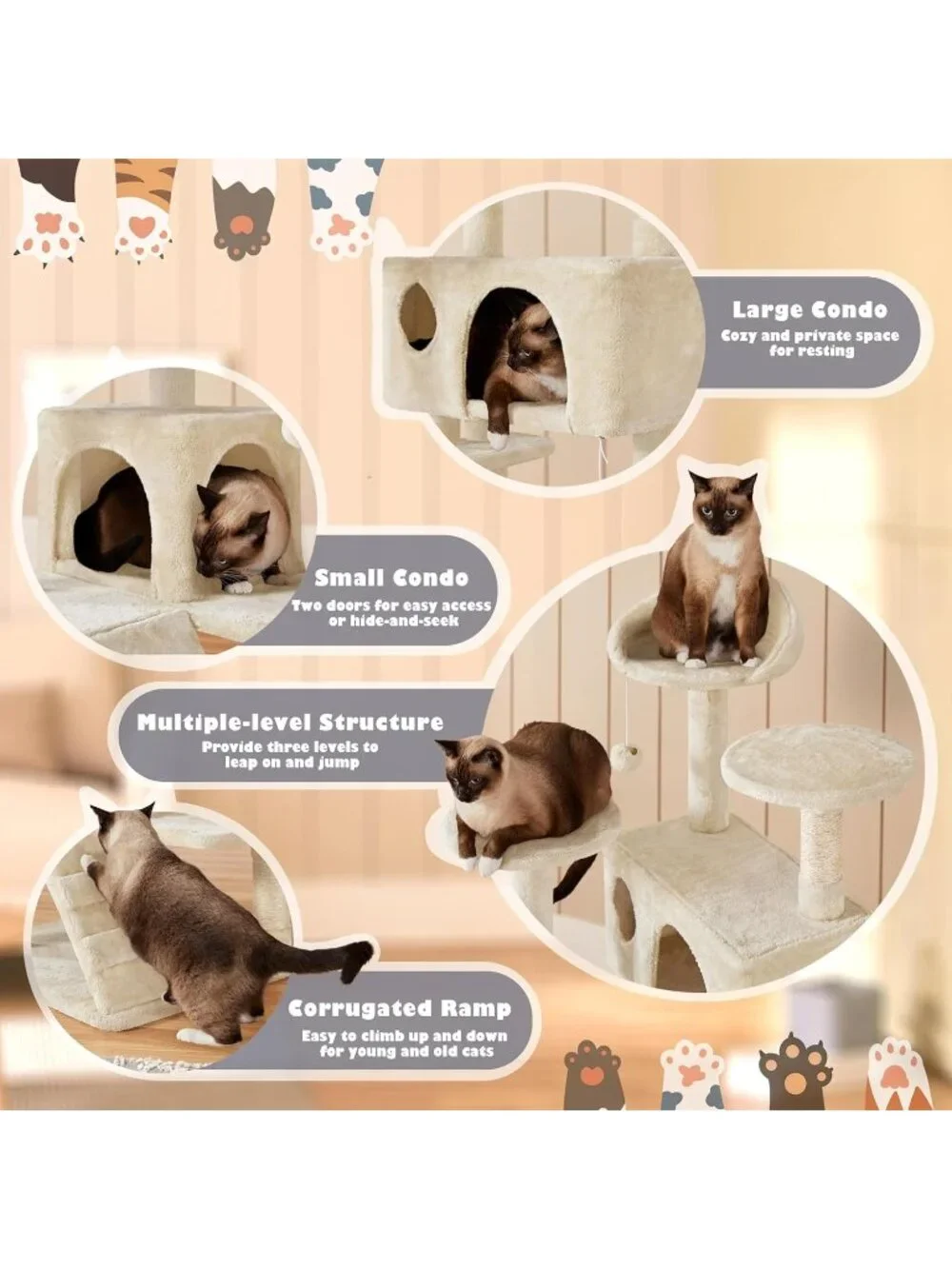 New 54in Cat Tree Tower Condo Furniture Scratch Post for Kittens Pet - Beige
